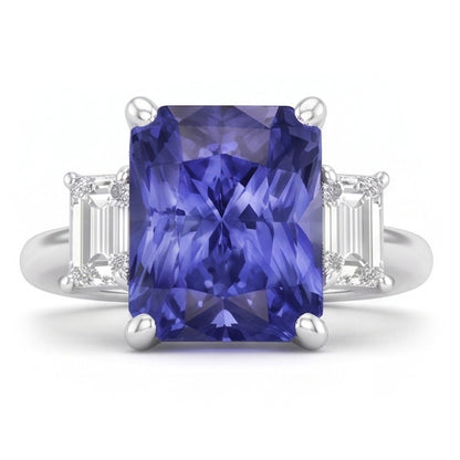 White Gold 3 Stone Ring Emerald Natural Earth Mined Diamond Radiant Blue Sapphire 5 Carats