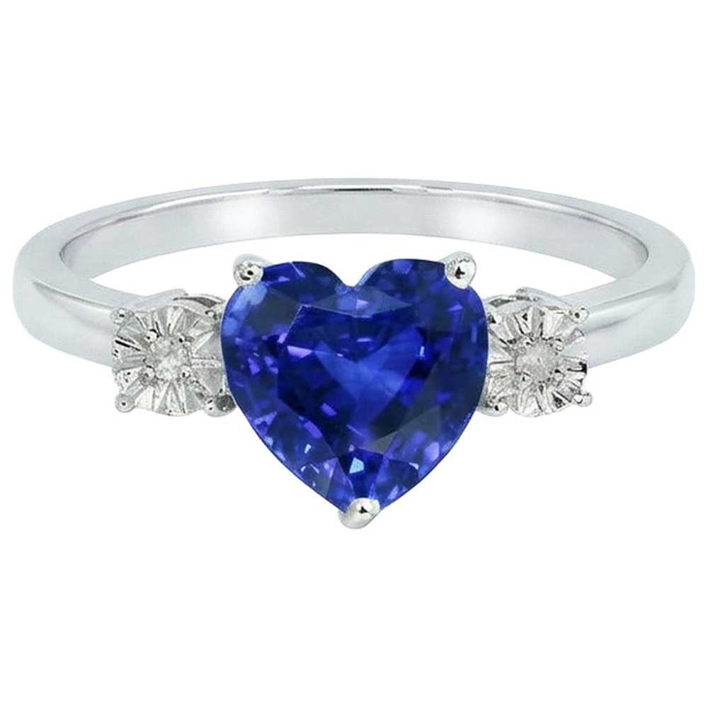 White Gold 3 Stone Ring Heart Sri Lankan Sapphire & Natural Earth Mined Diamonds 11 Carats