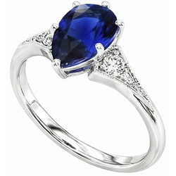 White Gold 3 Stone Ring Pear Ceylon Sapphire & Natural Earth Mined Diamonds 1.75 Carats