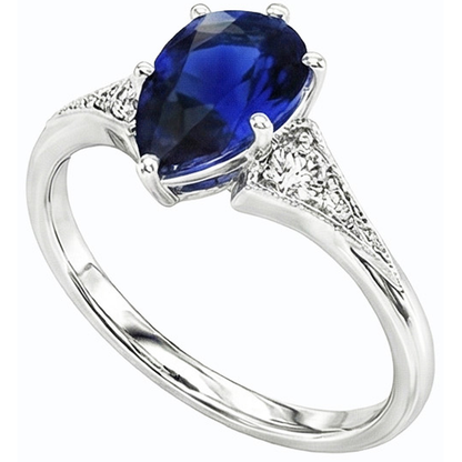 White Gold 3 Stone Ring Pear Ceylon Sapphire & Natural Earth Mined Diamonds 1.75 Carats