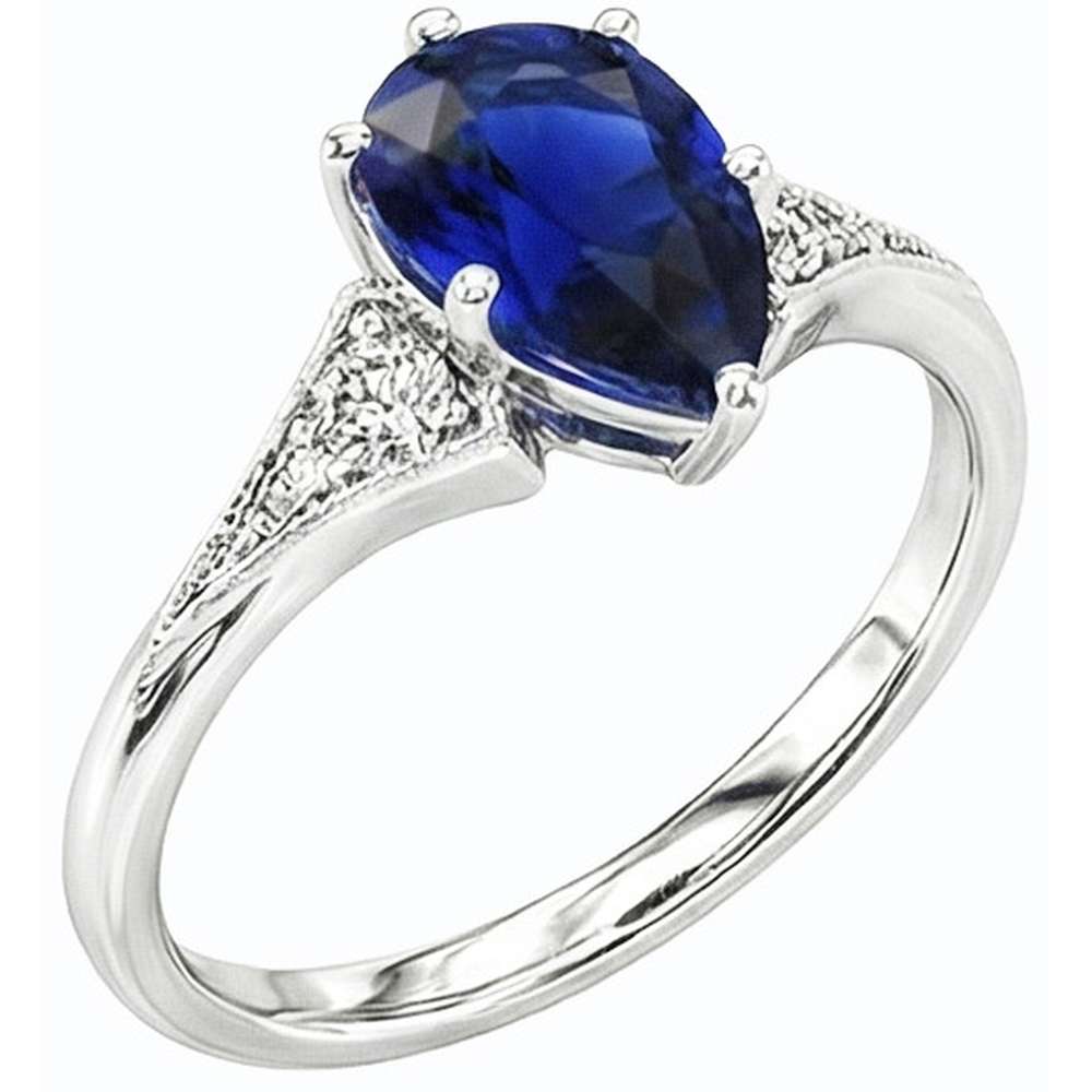 White Gold 3 Stone Ring Pear Ceylon Sapphire & Natural Earth Mined Diamonds 1.75 Carats