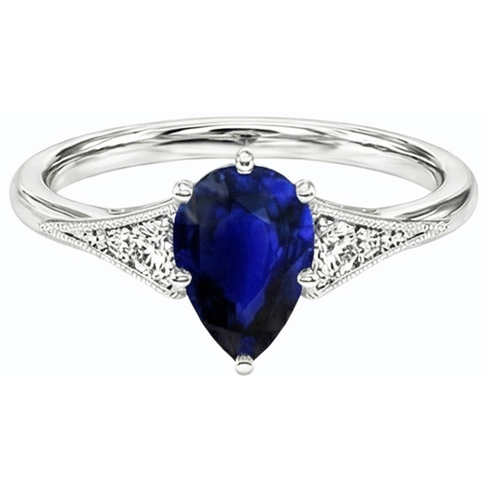 White Gold 3 Stone Ring Pear Ceylon Sapphire & Natural Earth Mined Diamonds 1.75 Carats