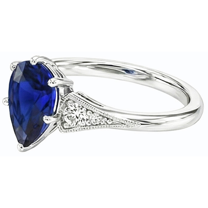 White Gold 3 Stone Ring Pear Ceylon Sapphire & Natural Earth Mined Diamonds 1.75 Carats