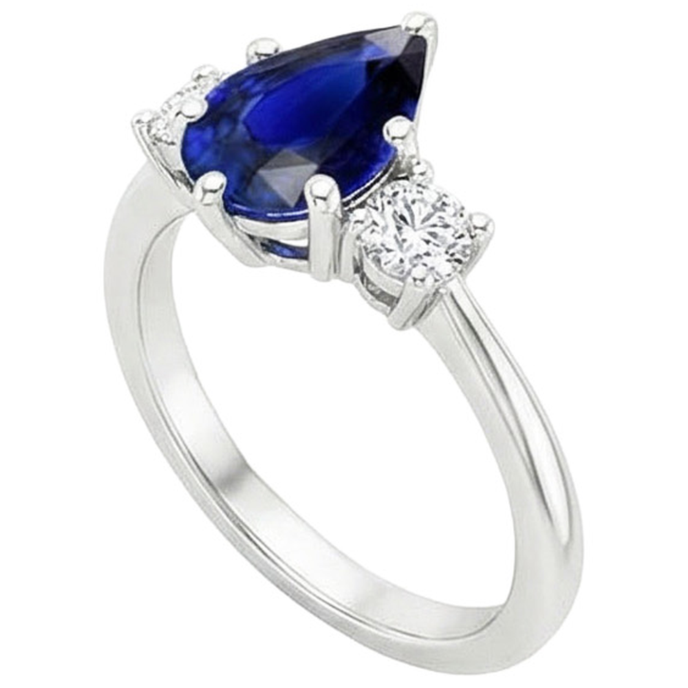 White Gold 3 Stone Ring Pear Ceylon Sapphire & Natural Earth Mined Diamonds 3.50 Carats