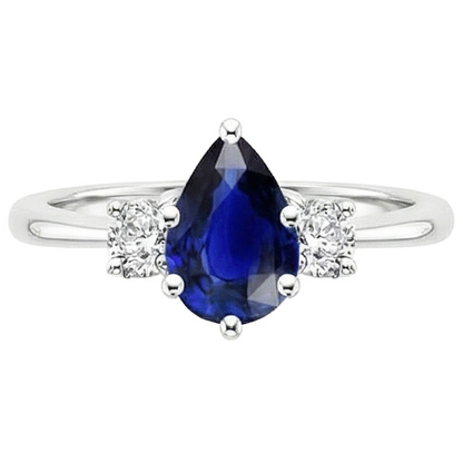 White Gold 3 Stone Ring Pear Ceylon Sapphire & Natural Earth Mined Diamonds 3.50 Carats