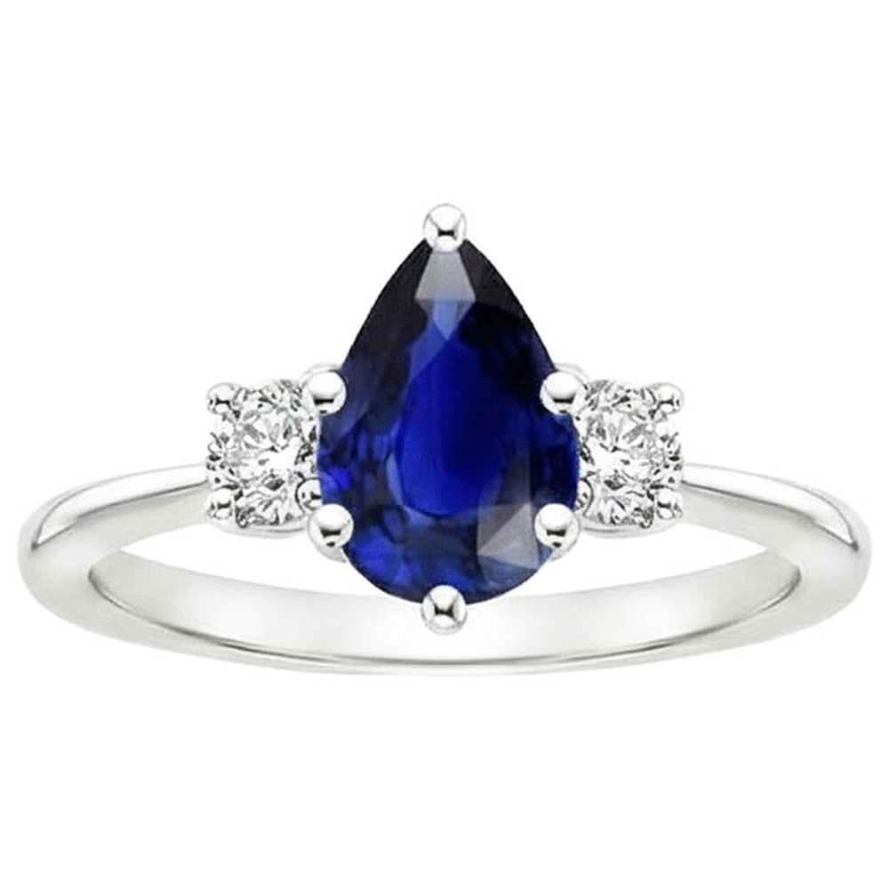 White Gold 3 Stone Ring Pear Ceylon Sapphire & Natural Earth Mined Diamonds 3.50 Carats