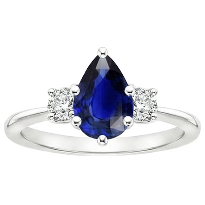 White Gold 3 Stone Ring Pear Ceylon Sapphire & Natural Earth Mined Diamonds 3.50 Carats