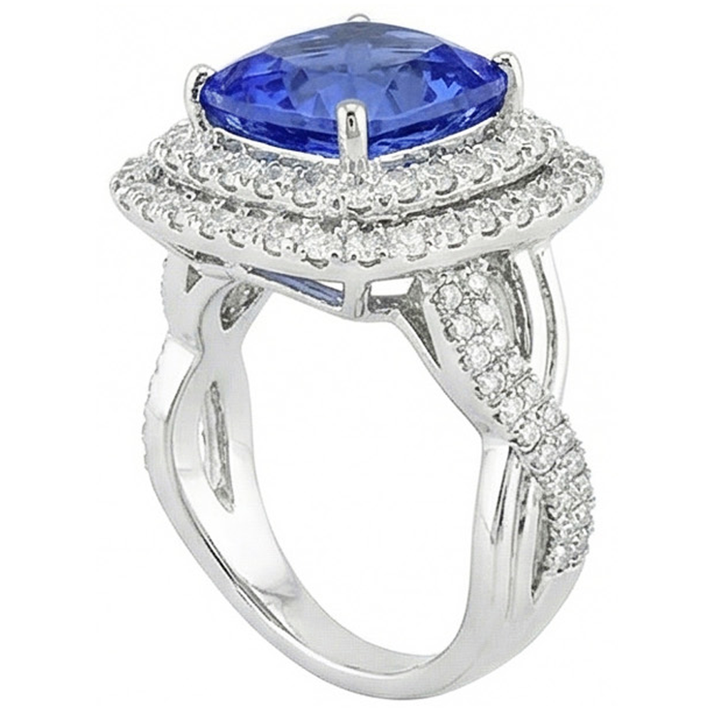 White Gold 4.50 Carats Cushion Ceylon Sapphire Natural Earth Mined Diamond Gemstone Ring
