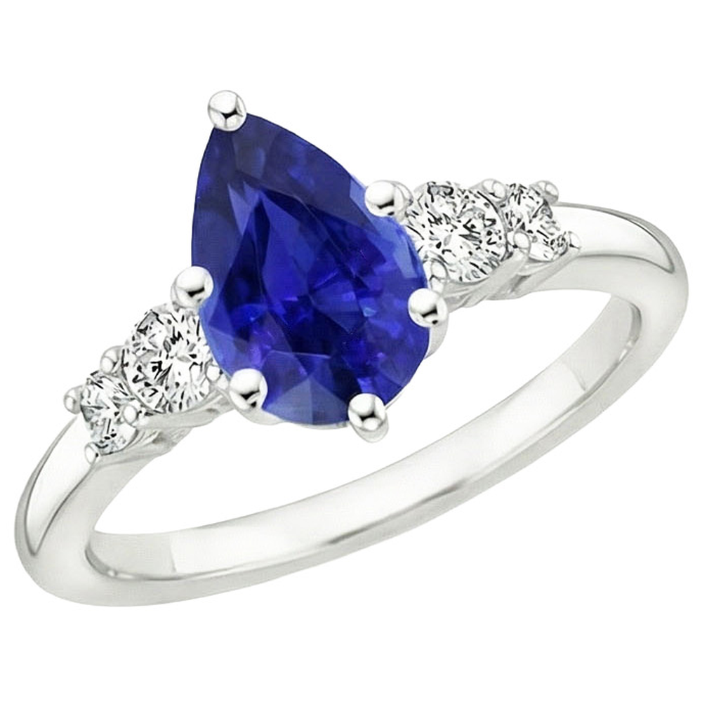 White Gold 5 Stone Ring Round Natural Earth Mined Diamond & Pear Blue Sapphire 3.25 Carats