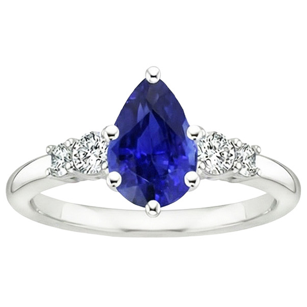 White Gold 5 Stone Ring Round Natural Earth Mined Diamond & Pear Blue Sapphire 3.25 Carats