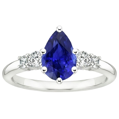 White Gold 5 Stone Ring Round Natural Earth Mined Diamond & Pear Blue Sapphire 3.25 Carats