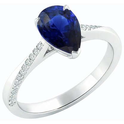 White Gold Blue Sapphire Ring Pear & Round Natural Earth Mined Diamonds 2.50 Carats