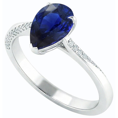 White Gold Blue Sapphire Ring Pear & Round Natural Earth Mined Diamonds 2.50 Carats