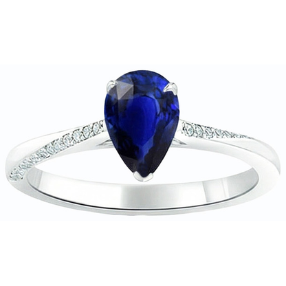 White Gold Blue Sapphire Ring Pear & Round Natural Earth Mined Diamonds 2.50 Carats