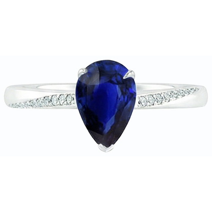 White Gold Blue Sapphire Ring Pear & Round Natural Earth Mined Diamonds 2.50 Carats