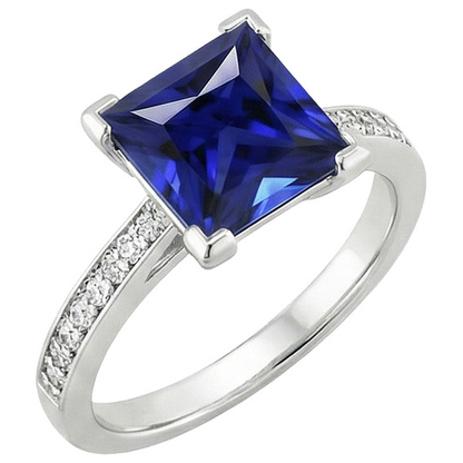White Gold Engagement Ring Princess Blue Sapphire & Natural Earth Mined Diamond 4 Carats