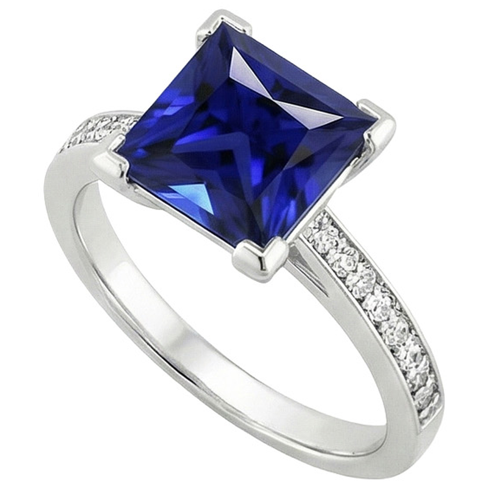White Gold Engagement Ring Princess Blue Sapphire & Natural Earth Mined Diamond 4 Carats
