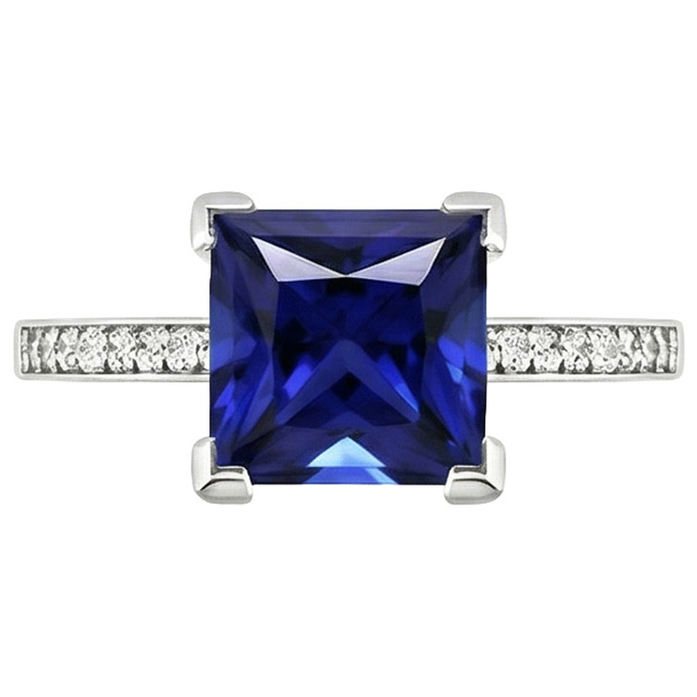 White Gold Engagement Ring Princess Blue Sapphire & Natural Earth Mined Diamond 4 Carats