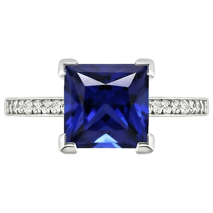 White Gold Engagement Ring Princess Blue Sapphire & Natural Earth Mined Diamond 4 Carats