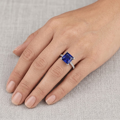 White Gold Engagement Ring Princess Blue Sapphire & Natural Earth Mined Diamond 4 Carats