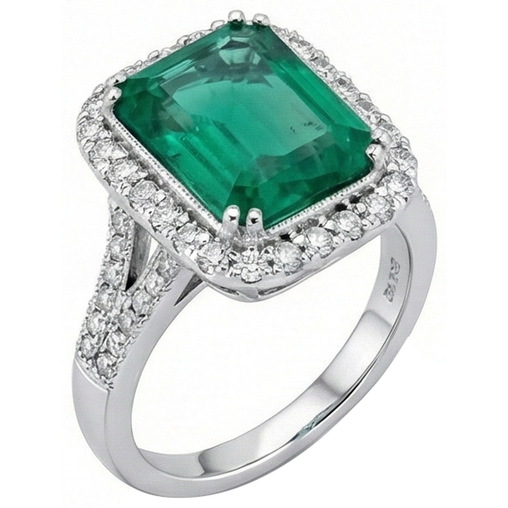 White Gold Green Emerald GIA & Natural Earth Mined Diamond Jewelry 5.80 Carats Gemstone Ring