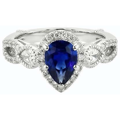 White Gold Halo Blue Sapphire Ring & Natural Earth Mined Diamonds 4 Carats