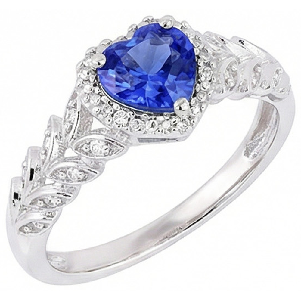 Natural Real ( Not Lab Grown )  White Gold Halo Heart Blue Sapphire Ring Leaf Style 2.50 Carats