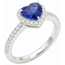 White Gold Halo Heart Ceylon Sapphire Ring & Pave Set Natural Earth Mined Diamond 3 Carats