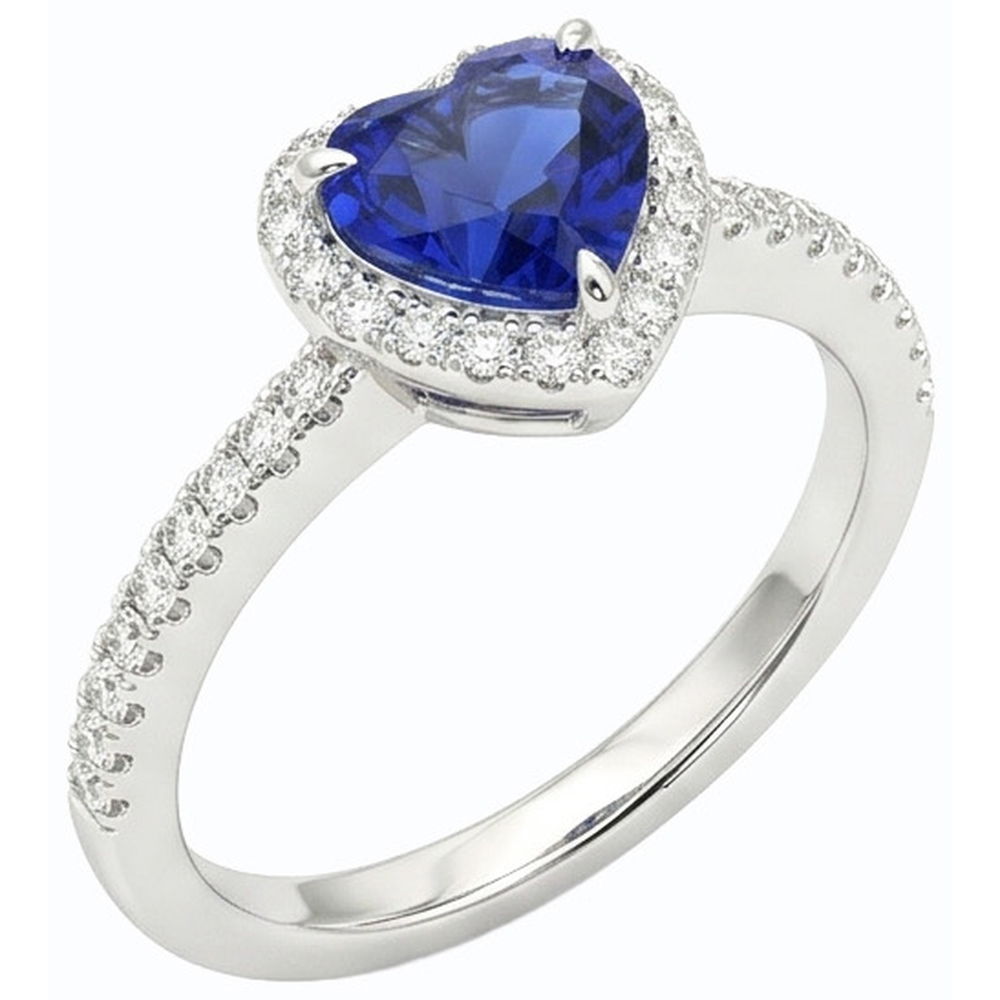 White Gold Halo Heart Ceylon Sapphire Ring & Pave Set Natural Earth Mined Diamond 3 Carats