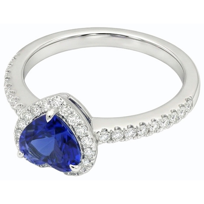 White Gold Halo Heart Ceylon Sapphire Ring & Pave Set Natural Earth Mined Diamond 3 Carats