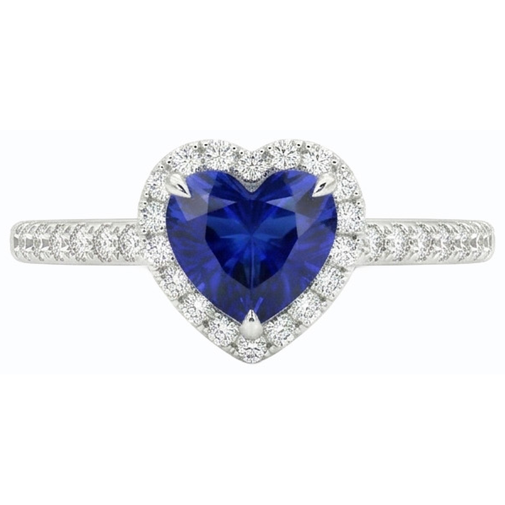 White Gold Halo Heart Ceylon Sapphire Ring & Pave Set Natural Earth Mined Diamond 3 Carats