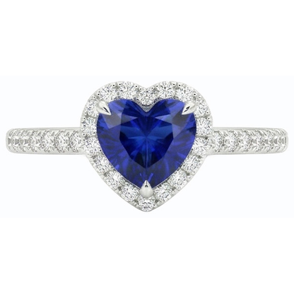 White Gold Halo Heart Ceylon Sapphire Ring & Pave Set Natural Earth Mined Diamond 3 Carats