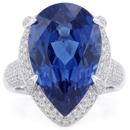 White Gold Halo Pear Ceylon Sapphire & Natural Earth Mined Diamond Ring 5.50 Carats
