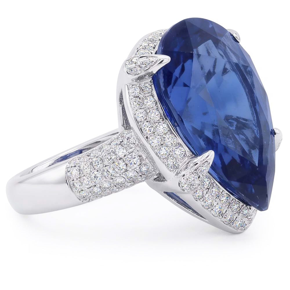 White Gold Halo Pear Ceylon Sapphire & Natural Earth Mined Diamond Ring 5.50 Carats