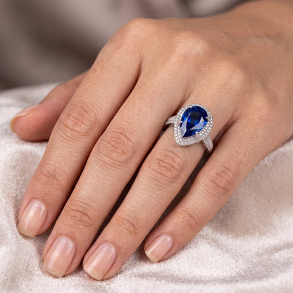 White Gold Halo Pear Ceylon Sapphire & Natural Earth Mined Diamond Ring 5.50 Carats