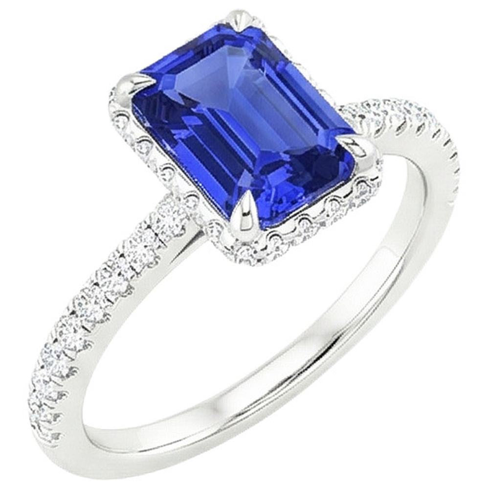White Gold Halo Ring Emerald Blue Sapphire & Natural Earth Mined Diamond 4.25 Carats