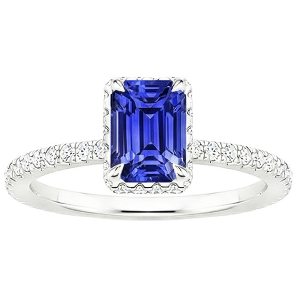 White Gold Halo Ring Emerald Blue Sapphire & Natural Earth Mined Diamond 4.25 Carats