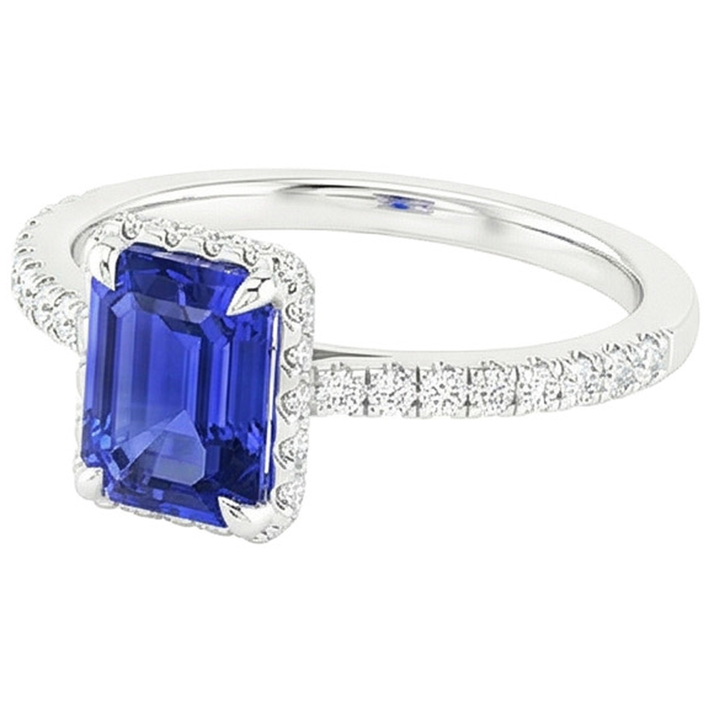 White Gold Halo Ring Emerald Blue Sapphire & Natural Earth Mined Diamond 4.25 Carats