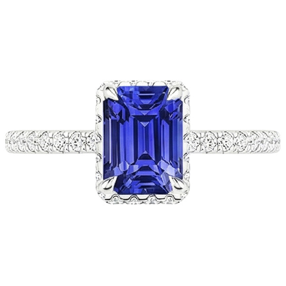White Gold Halo Ring Emerald Blue Sapphire & Natural Earth Mined Diamond 4.25 Carats