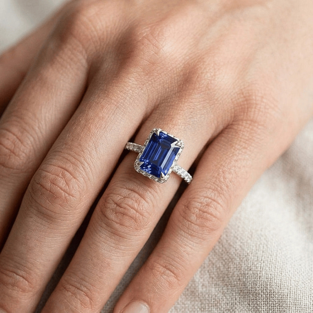White Gold Halo Ring Emerald Blue Sapphire & Natural Earth Mined Diamond 4.25 Carats