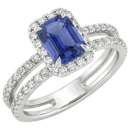 White Gold Halo Ring Emerald Blue Sapphire & Natural Earth Mined Diamond 5 Carats