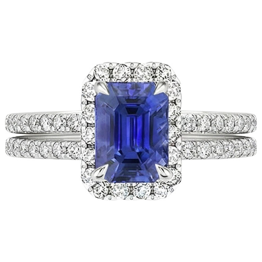 White Gold Halo Ring Emerald Blue Sapphire & Natural Earth Mined Diamond 5 Carats