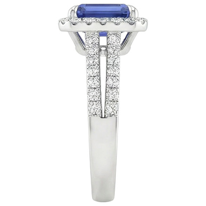 White Gold Halo Ring Emerald Blue Sapphire & Natural Earth Mined Diamond 5 Carats