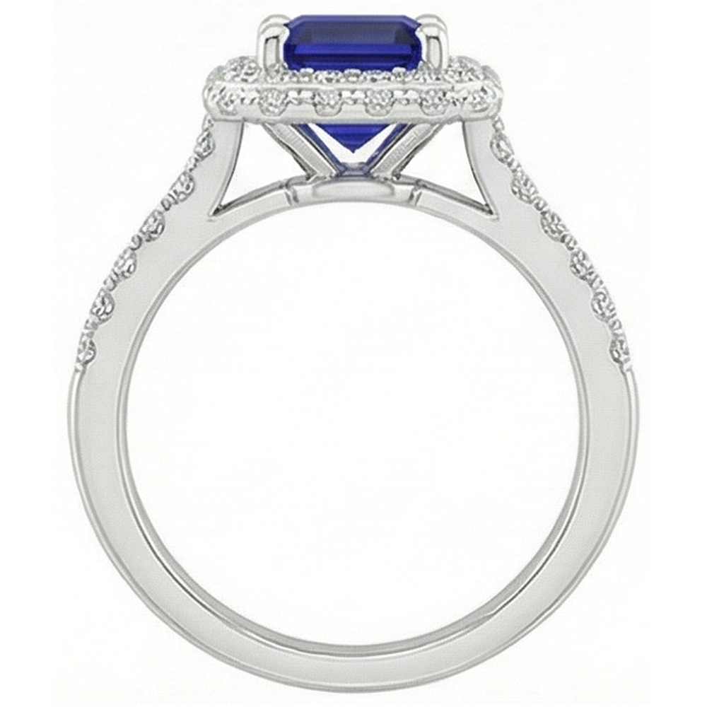 White Gold Halo Ring Emerald Ceylon Sapphire & Natural Earth Mined Diamond 4.25 Carats