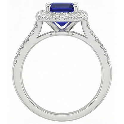 White Gold Halo Ring Emerald Ceylon Sapphire & Natural Earth Mined Diamond 4.25 Carats