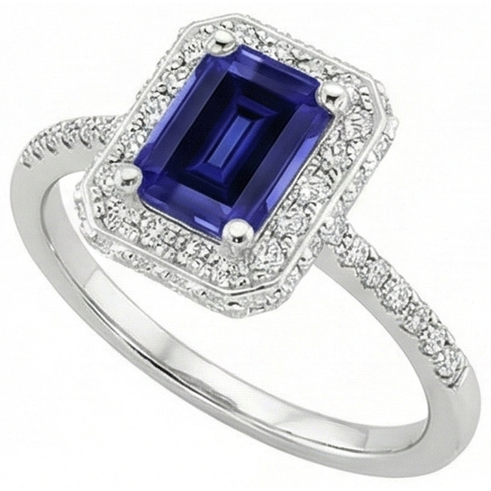White Gold Halo Ring Emerald Ceylon Sapphire & Natural Earth Mined Diamond 4.25 Carats