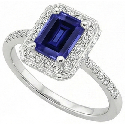 White Gold Halo Ring Emerald Ceylon Sapphire & Natural Earth Mined Diamond 4.25 Carats