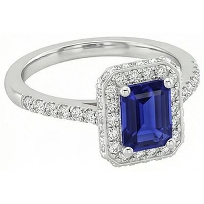 White Gold Halo Ring Emerald Ceylon Sapphire & Natural Earth Mined Diamond 4.25 Carats