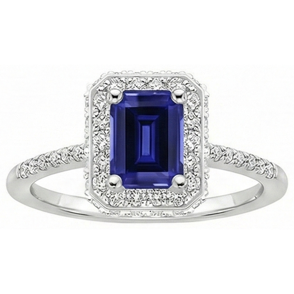 White Gold Halo Ring Emerald Ceylon Sapphire & Natural Earth Mined Diamond 4.25 Carats