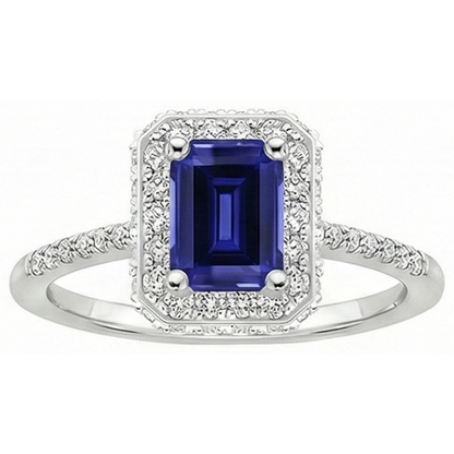 White Gold Halo Ring Emerald Ceylon Sapphire & Natural Earth Mined Diamond 4.25 Carats